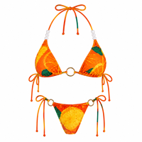 Ensemble de bikini triangle imprimé fruits oranges, maillot de bain pour femme avec détails perles et anneaux, tenue de plage