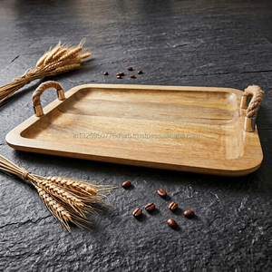 Bandeja Rectangular Moderna Hecha a Mano con Asas de Cuerda, Bandeja de Madera para Almacenamiento de Alimentos con Cuero de Bambú, Material de Metal de Acacia - Product Image 2