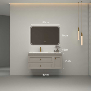 Modern <b>floating</b> bathroom vanity with vessel sink and round mirror wall mounted two drawers - Product Image 2