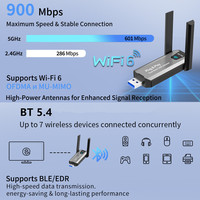 Adaptateur Wi-Fi 6 sans pilote 900 Mbps BT 5.4 Plug & Play pour le jeu, double bande, USB, externe, sans fil, pour ordinateur de bureau