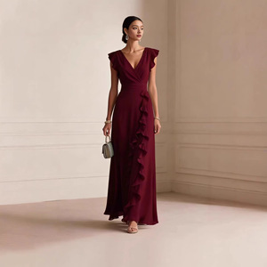 Abito in chiffon da donna 2026, stile europeo-americano, primaverile, tinta unita, plissettato, senza maniche, <span class=keywords><strong>scollo</strong></span> a V, vita alta - Product Image 4