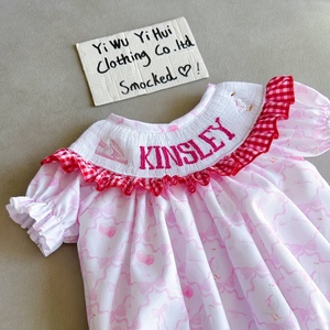 Vestito Estivo in Cotone per Bambine con Collo Tondo, Smock Fatto a Mano, Fiocco <span class=keywords><strong>Rosso</strong></span>, Stampa Floreale e Maniche a Volant - Product Image 6