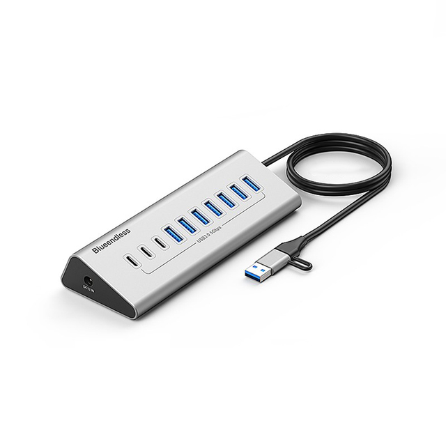 Blueendless USB 3.0 Hub 7 Port 10 in 1 Aluminum Splitter Switch Adapter Multiport USB C Hub with 12V Power Adapter