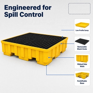 Bac <span class=keywords><strong>de</strong></span> récupération des liquides jaune peu profond à grille carrée, parois côtelées, ouvertures frontales pour chariots élévateurs, pour la collecte des gouttes des fûts - Product Image 3