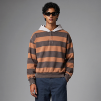 Camiseta de rugby a rayas con capucha para hombre, capucha en contraste, media cremallera, estilo oversize, vintage, lavado, jersey de manga larga, ropa urbana, logotipo personalizado