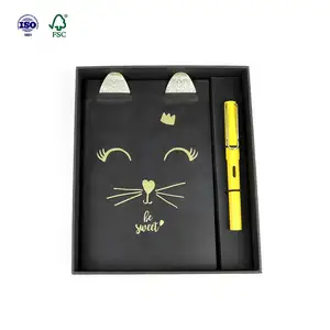 Creative cute cat blank page black leather journal notebook for girls