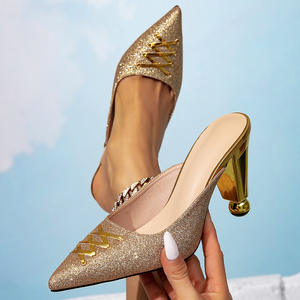 QLFashion femmes sandales à talons métalliques décontracté Simple <span class=keywords><strong>doré</strong></span> brillant chaussures Sexy <span class=keywords><strong>Mule</strong></span> femmes - Product Image 1