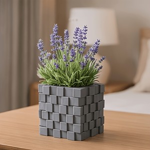 Jarrón Moderno con Diseño de Cubos de Píxeles, Planta Artificial de Lirio Blanco, Decoración para Mesa de Plástico Gris Oscuro - Product Image 2