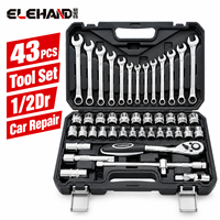 Elehand 43-teiliger Kombinations-Schraubenschlüssel-Steckschlüsselsatz mit Ratschengriff für Autoreparatur und Wartung Handwerkzeug-Set