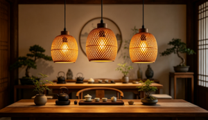 Paralume <span class=keywords><strong>in</strong></span> Bambù Intrecciato Naturale, Design Testurizzato Speciale, Lampada a Sospensione Minimalista per Soggiorno e Arredamento Casa - Product Image 4