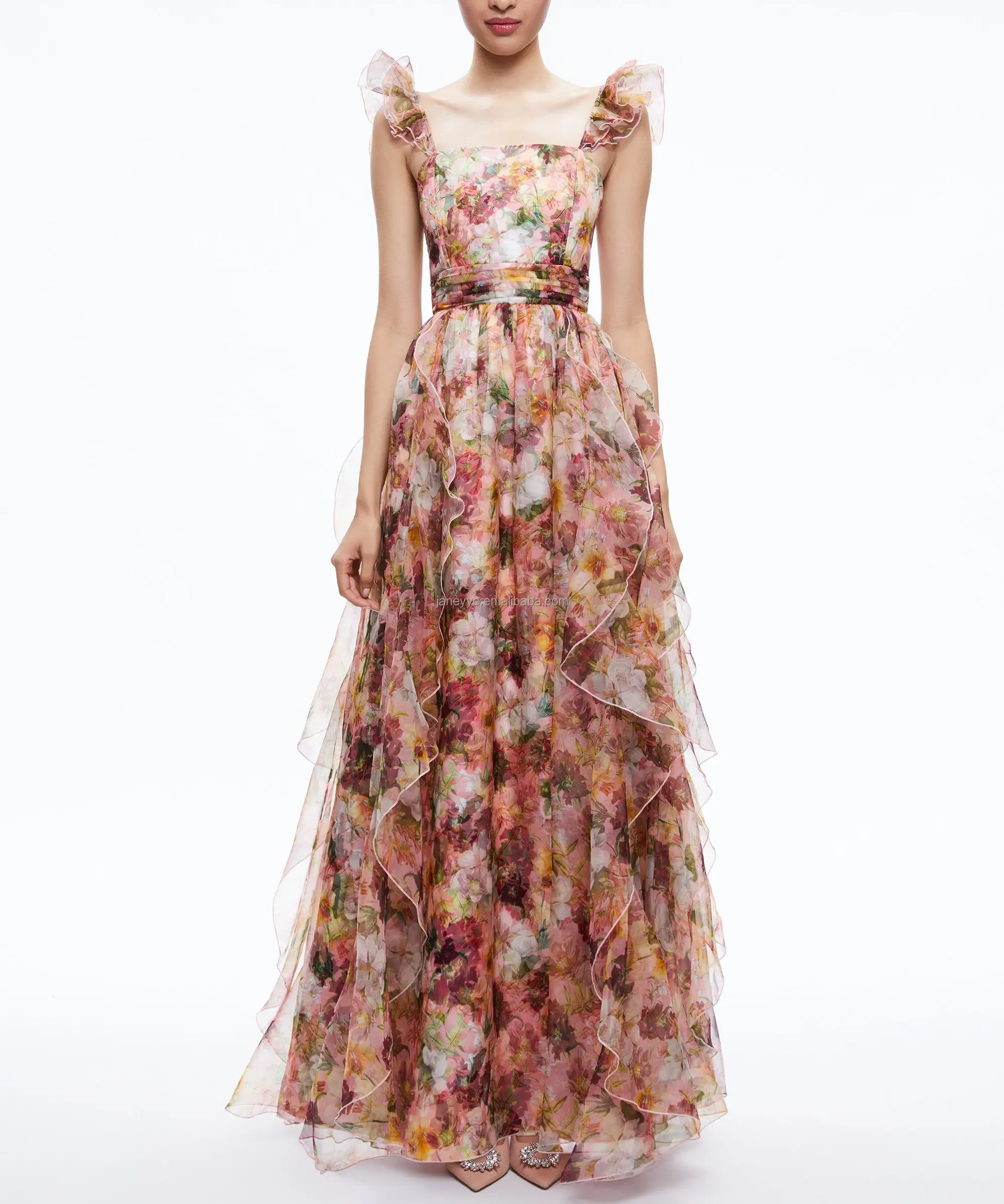 Nouvelle arrivée Robe longue romantique à imprimé floral partout Robe élégante à volants Bretelles et jupe Chic Flowy Maxi Femmes Robe de soirée