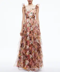 Neuankömmling Allover Blumen druck Romantisches Kleid mit langem Kleid Elegante Rüschen riemen und Rock Chic Flowy Maxi Damen Abendkleid