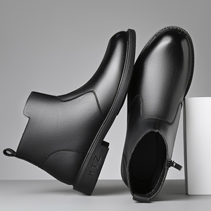 Bottes Chelsea pour hommes en cuir véritable, bout rond, doublure en peluche, semelle en caoutchouc isolante, chaudes pour l'hiver, tendance - Product Image 3