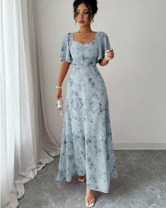 Robe <span class=keywords><strong>longue</strong></span> décontractée pour femme en mousseline de soie, imprimé floral et papillons, col <span class=keywords><strong>carré</strong></span>, manches courtes volantées, taille froncée, coupe évasée fluide - Product Image 3