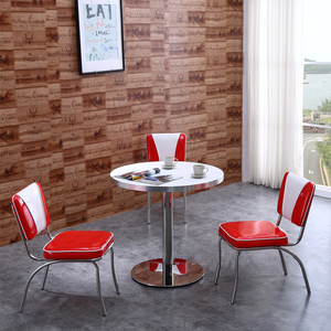 Giá thấp Mỹ Retro nhà hàng thương mại thức ăn nhanh Burger cửa hàng thép không gỉ màu đỏ bóng da bàn ăn ghế Bộ - Product Image 2