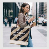 Sac fourre-tout de Shopping réutilisable en coton et en toile de Jute avec Logo imprimé personnalisé, sac de supermarché en lin et à rayures avec poignée en cuir PU