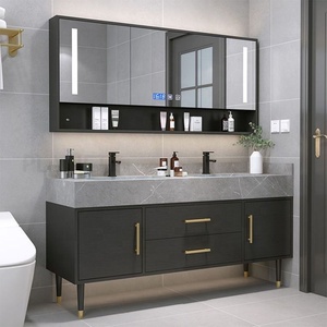Mueble de Baño Doble con Lavabo, Color Gris Oscuro, con Espejo LED de 3 Puertas y Estante Abierto, para Hogar u Hotel, Venta al Por Mayor - Product Image 2