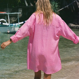 Camisa de Diseño Holgada, Color Rosa Claro, Manga Larga, Personalizable, Transpirable, de Lino y Algodón - Product Image 3