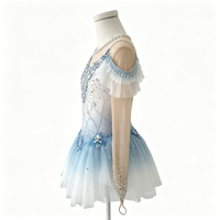 Robe de patinage artistique pour enfants, dégradé blanc et bleu, avec chaîne en maille, dos ouvert, strass faits à la main, en tulle court, pour spectacle sur scène