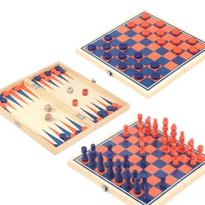 Wooden 3 in 1 foldable board game backgammon checkers chess set for traveling and family game