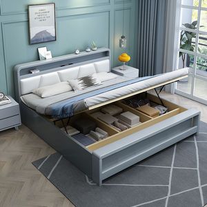 Modern Minimalist Solid Wood Double <b>Bed</b> 1.8M Soft <b>Headboard</b> Storage Master Bedroom Use - Product Image 4