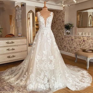 <b>White</b> A-Line Embroidered <b>Lace</b> Wedding Dress Deep V Neck Backless Long Train Bridal Gown - Product Image 1