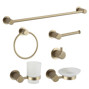Ensemble de 6 accessoires de salle de bain modernes en acier inoxydable doré brossé à fixation murale : porte-serviettes, porte-papier toilette, anneau porte-serviettes - Product Image 1
