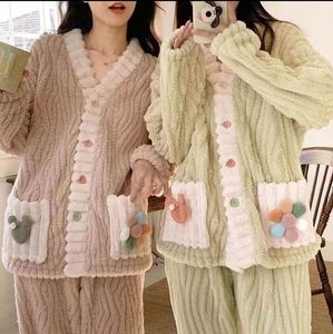 <strong>Women's</strong> Winter Flannel Pajamas Cardigan Autumn Warm Home Wear Ladies Sleepwear 2PCS Set Coral <strong>Fleece</strong> Bathrobe Thermal <strong>Pyjamas</strong> - Product Image 1