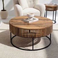 Salon contemporain en bois massif chambre à coucher création à la main finition unique table basse ronde avec base en métal noir
