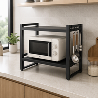 Étagère télescopique pour four à micro-ondes à 2 niveaux, extensible, en acier au carbone, étagère de rangement pour comptoir de cuisine, noire, vente en gros
