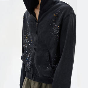 Streetwear High Quality Distressed <b>Black</b> Heavyweight 500 Gsm French Terry Custom <b>Zip</b> <b>up</b> <b>Hoodie</b> Pearls Rhinestones 3D Breathable - Product Image 2