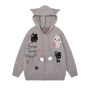 Cárdigan de punto con capucha y cremallera para mujer, diseño de orejas de gato, ajuste holgado, novedad de otoño, suéter abrigo gris antipilling - Product Image 2