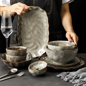 Juego de Tazones de Cerámica Japonesa Vintage, Platos de Cena de Porcelana, Vajilla Irregular Única para Restaurante - Product Image 1