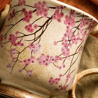 Tasse à café en céramique avec pied, glaçure de transmutation au four, imprimé fleurs de cerisier, tasse à thé avec anse courbée pour la maison et le café