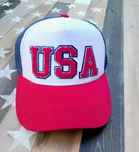 Cappello da Baseball in rete da camionista personalizzato in schiuma cappello da Baseball in cotone leggero alla moda con toppa rossa glitterata blu all'ingrosso