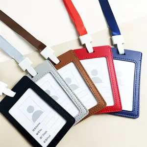 Hot Selling Soft PU Leather Id Working Name Badge Card Holder Neck Lanyard For Promotional Gift