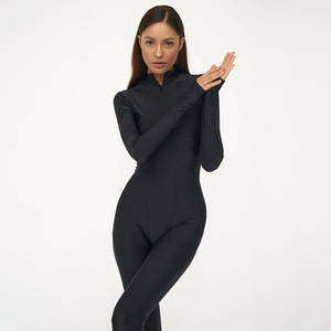 Body de Manga Larga para Mujer, Cuello Alto con Cierre, Alta Elasticidad, Estiramiento en Cuatro Direcciones, Mono Deportivo para Yoga, Beige FDY0077 - Product Image 2