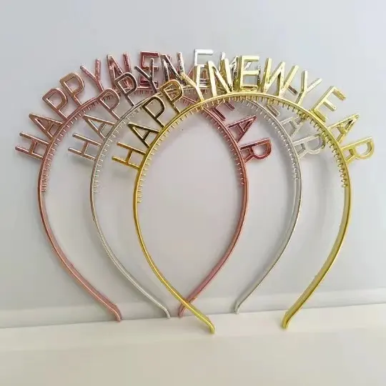 Chrome Color HAPPY NEW YEAR Headband for New Year Decoration Christmas Backdrop Decor Party Photo Props Hairband Headbands Prop