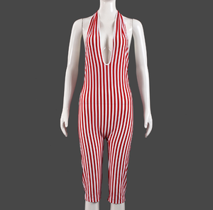 X22964C Casual rayas Patchwork Bodycon Romper mujeres rojo Halter profundo cuello en V espalda descubierta mono mujer Streetwear monos nuevo - Product Image 2
