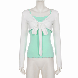 Ensemble deux pièces pour femme, style BM, tendance Y2K, couleur menthe, camisole à bretelles avec cardigan à nouer devant - Product Image 6