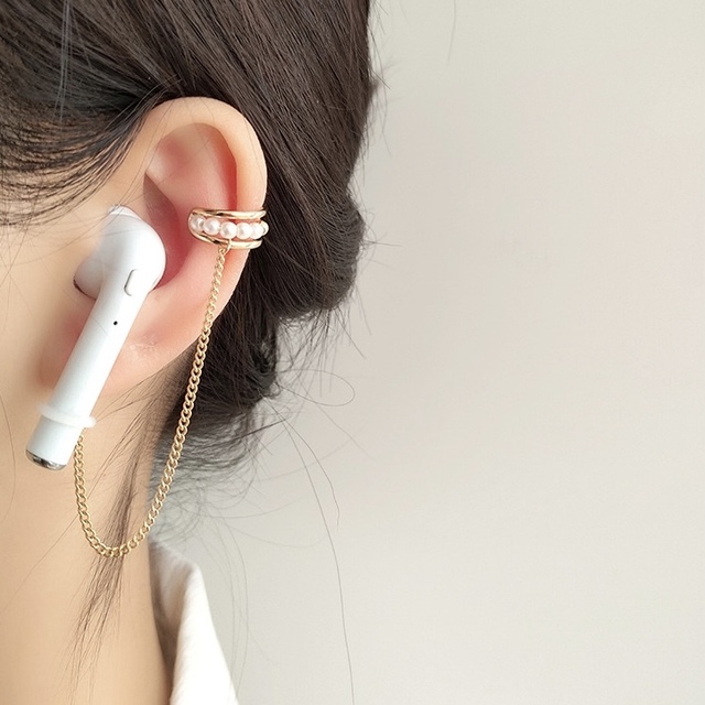 Trendy Anti-Lost Chain Earrings for AirPods Pro With Pearls Gold Ear Cuff for No Ear Holes