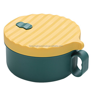 Microwave Heated Bento Box Detachable Stainless Steel Liner Lunch Box With Handle Portable Wavyed LId Plastic Round Ramen Bowl