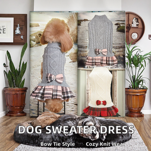 C089 Ensemble deux pièces jupe et pull en acrylique mignon pour chiens et chats, Noël, loisirs d'hiver, mode, nœud papillon, gris et blanc - Product Image 2