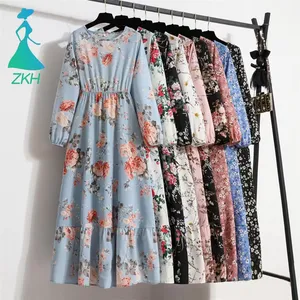 Vestido longo feminino de manga completa casual com estampa floral e decote em O, vestido bohe para praia e festa, primavera 2022