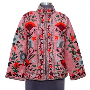 Blouson bomber en coton tricoté Suzani pour femme, broderies à volants, motif floral vintage, respirant, séchage rapide, écologique, fleuri - Product Image 1