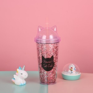 Hawaii Cat Cafe Cat Ear Tumbler With Straw Glitter Cup For Drinks - Product Image 4