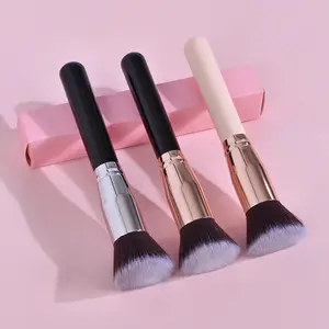 Handle Kabuki Makeup Single Liquid Flat Foundation Brush with Package Long Wood High Quality Private Label Black and Gold BOX