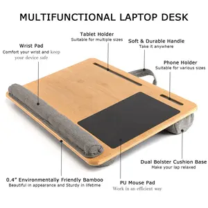 अनुकूलित पोर्टेबल बांस गोद तालिका लकड़ी लैपटॉप डेस्क बहु-समारोह लैपटॉप स्टैंड ट्रे के साथ माउस पैड तकिया और तकिया