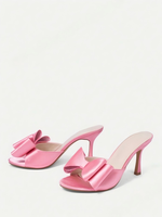 Sandales mules roses en satin pour femmes, à bout rond et talon épais, avec nœud surdimensionné et strass, chaussures de soirée pour la vente en gros