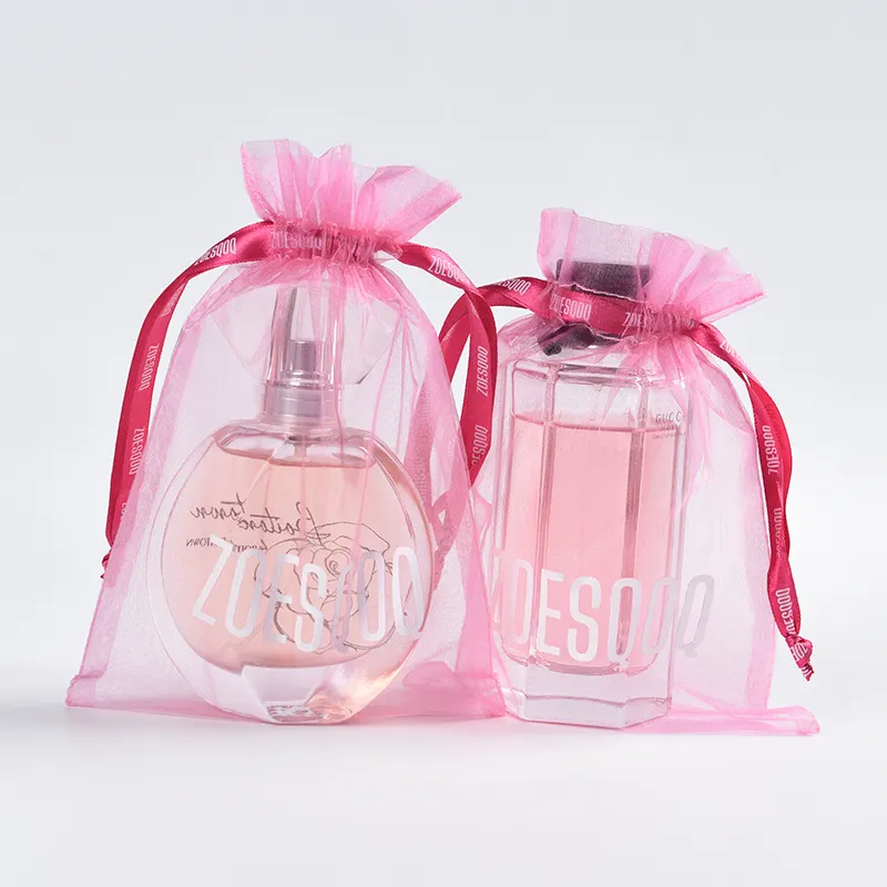 New style customized rose red perfume bottles drawstring gift organza bag with printed ribbon cord
